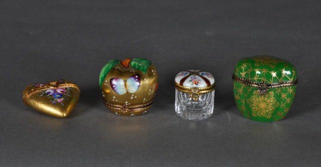 Group of four hand painted Limoges bonbonnieres: Group of four hand painted Limoges bonbonnieres. Tallest: 2 1/4"