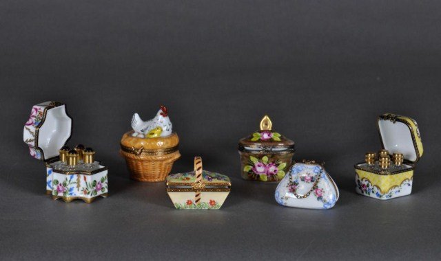 Lot of six hand painted Limoges bonbonnieres: Lot of six hand painted Limoges bonbonnieres. Tallest: 2 5/8"