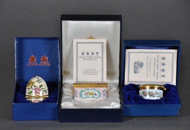 Group of three Halcyon Days Enamels bonbonnieres: Group of three Halcyon Days Enamels bonbonnieres in original boxes. Tallest: 2 3/8"