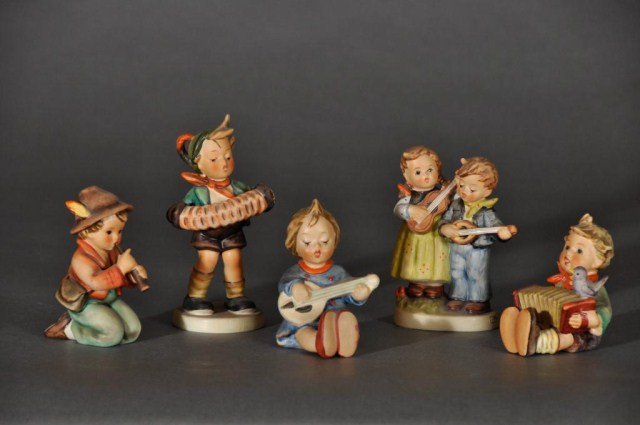 Lot of five Hummel figures consisting of " Happy D: Lot of five Hummel figures consisting of " Happy Days" TMK-5, "Lets Sing", TMK-5, "Little Tooter", TMK-5, "Accordion Boy", TMK-5, and "Joyful", TMK-3, tallest 5 1/4"