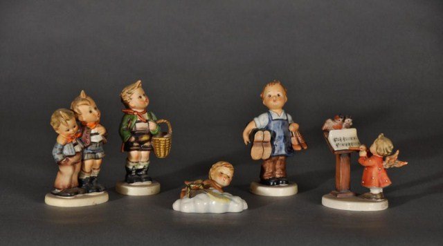 Lot of five Hummel figures consisting of "Bird Due: Lot of five Hummel figures consisting of "Bird Duet" TMK-5, "Boots", TMK-6, "Max and Moritz" TMK-4, "Village Boy" TMK-4 and "Searching Angel" plaque TMK-5, tallest 5"