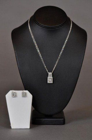 14k White gold filigree diamond pendant & earring: Set of 14k white gold filigree diamond pendant on triple strand chain with matching earrings, Chain 18" long, pendant 1", earrings, 1/2" long, DWT 7.4