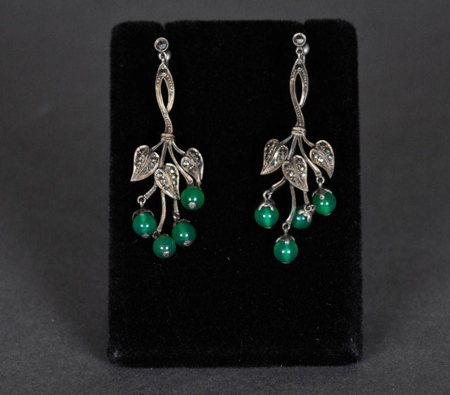 Three pairs of antique silver screw back earrings: Three pairs of antique silver screw back earrings, one Austro-Hungarian drops set with pearls, faux pearls and green stones, approx. 2 3/8" long, one art deco set with marcasite and coral, 1 3.4" long