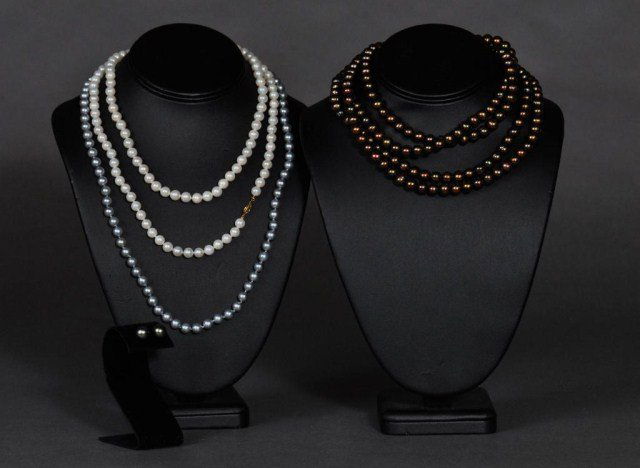 Lot of pearl jewelry,Three strands & pair earrings: Lot of pearl jewelry, 10 mm gray Tahitian pearl earrings with 14K posts, 64" brown pearls, 24" gray pearls, 36" strand white pearls 7mm 14k clasp