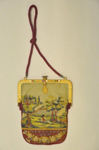 Two antique evening purses: Two antique evening purses, one carriage scene cross stitch, embroidery, jeweled frame, 6" x 5", one Persian rug, micro beaded, 8" x 5 5/8"