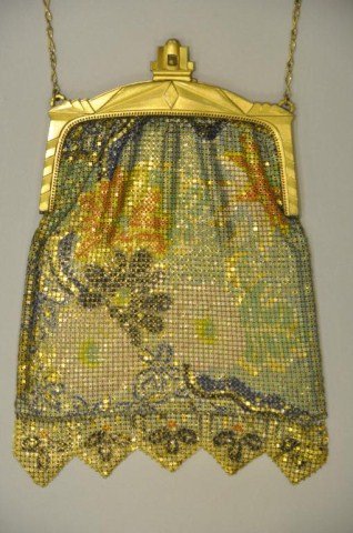 Lot of three art deco Whiting and Davis purses: Lot of three art deco Whiting and Davis purses consisting of two enamel decorated and one gold tone. Largest: 10" X 7"