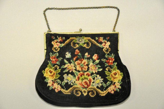 Two antique purses one beaded, one cross stitch: Two antique purses consisting of one black counter cross stitch embroidery and one beaded floral on frame