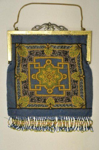 Antique micro beaded purse oriental rug pattern: Antique micro beaded purse oriental rug pattern with marcasite frame and some iridescent beads, 7 1/2" x 8 1/2" plus fringe
