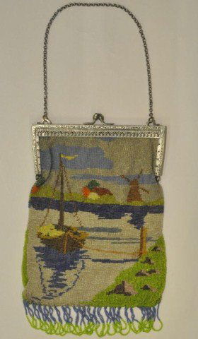 Antique beaded purse sail boat scene art nouveau: Antique beaded purse sail boat scene with art nouveau style frame, 10" x 6"