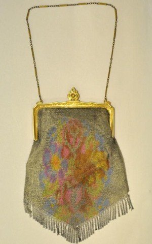 Antique Whiting & Davis painted chain maille purse: Antique Whiting & Davis painted chain maille purse on art nouveau frame, 9" x 4 5/8"