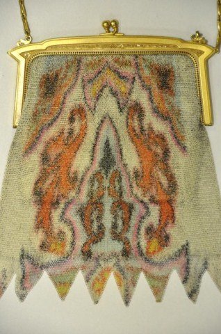 Antique Whiting & Davis painted mesh purse: Antique Whiting & Davis painted mesh purse on Edwardian purse frame, 7 1/4" x 5 1/4"