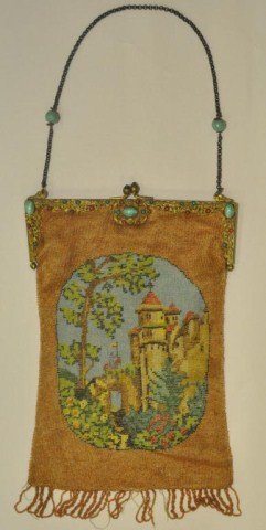 Large antique micro beaded scenic castle purse: Large antique micro beaded scenic castle purse, with jeweled frame, 10" x 7" without fringe