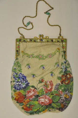 Antique beaded purse with jeweled frame: Antique beaded purse with floral design and jeweled frame, 11" x 7 3/8"