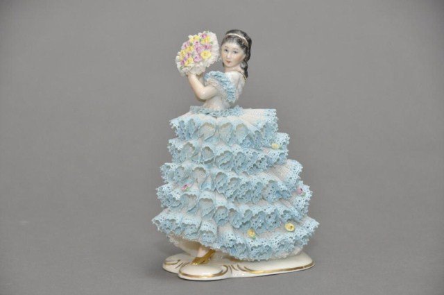 Irish Dresden figure in blue lace dress: Irish Dresden figure in blue lace dress, "Rose of Tralee" Anton Muller. H: 7 3/4"