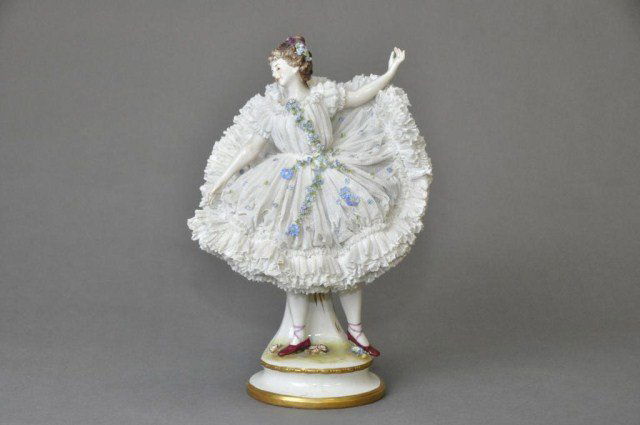 Exceptional large ballerina in white lace: Exceptional large ballerina in white lace and floral dress, earliest Volkstedt mark. H: 13 1/2"