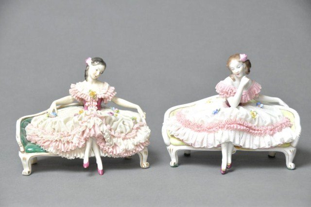 Lot of two Volkstedt Dresden lace figurines: Lot of two Volkstedt Dresden lace figurines, girls on settees, 6 1/2" x 5 1/4"