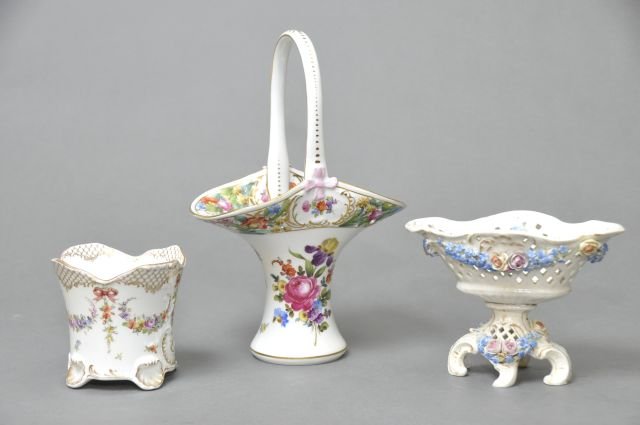 Lot of three Dresden porcelains, incl.Carl Thieme: Lot of three Dresden porcelains, Carl Thieme basket, basket and a vase, 101/2" tallest