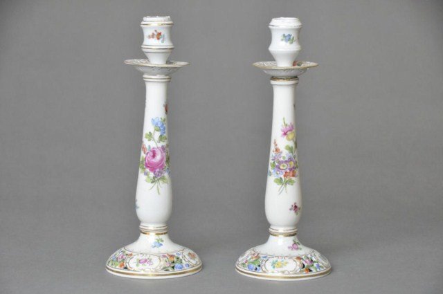 Pair of floral decorated Carl Thieme candlesticks: Pair of floral decorated Carl Thieme candlesticks. H: 9 1/2"