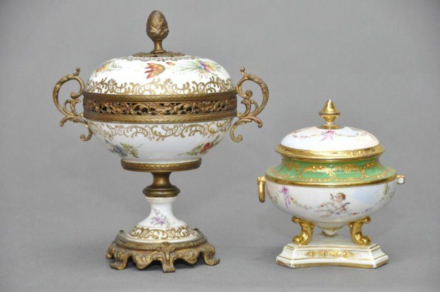 Lot of two Dresden style porcelains: Lot of two Dresden style porcelains consisting of a garniture with gilded mounts and a footed covered jar. Tallest: 8 1/4"