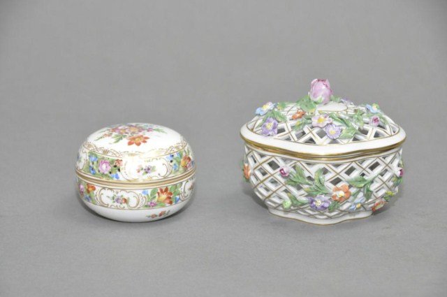 Lot of two Carl Thieme hand painted Covered boxes: Lot of two Carl Thieme hand painted Covered potpourri boxes, larger with applied flowers. Tallest: 4"