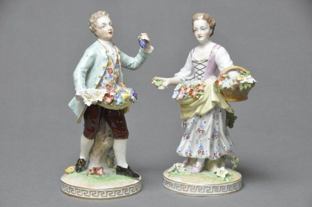 Pair of hand painted Carl Thieme figures: Pair of hand painted Carl Thieme figures with baskets and applied flowers. Tallest: 8 3/8"