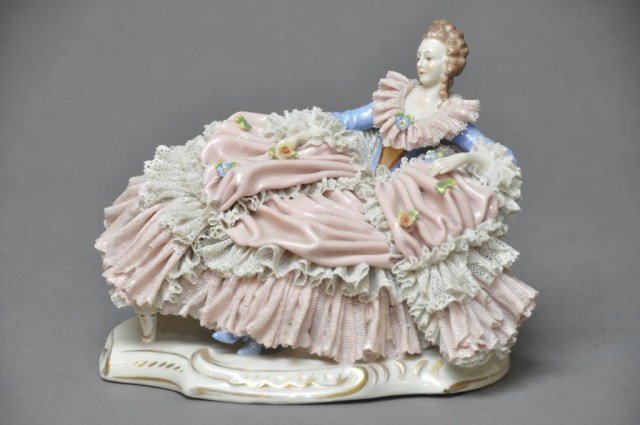 Dresden figure of reclining woman, Franz Wittner: Dresden lace figure of reclining woman, Franz Wittner. H: 5 3/4" W: 7"