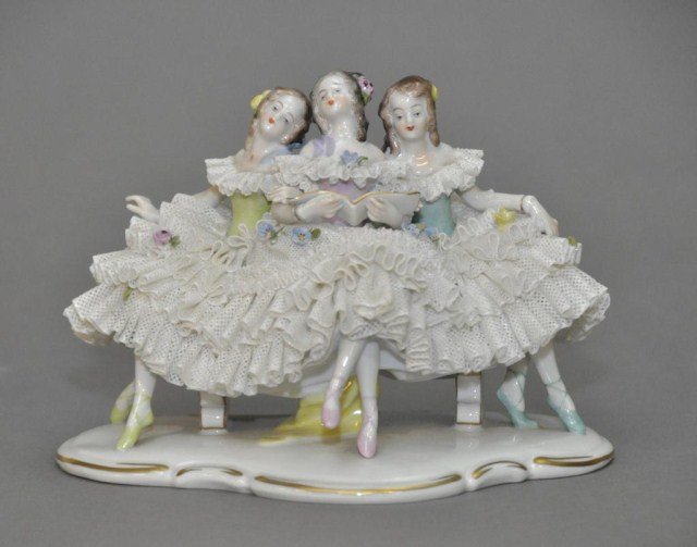 Dresden figure of three dancers with music sheet: Dresden figure of three dancers with music sheet, Volkstedt. H: 5 1/4" W: 7 1/2"