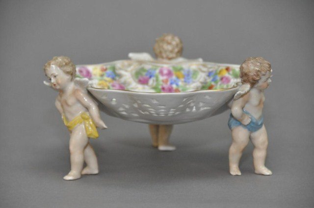 Lot of three Dresden style Porcelains: Lot of three Dresden style Porcelains, consisting of a Von Schierholz covered jar, Carl Thieme Compote and a compote. Tallest: 10 1/2"