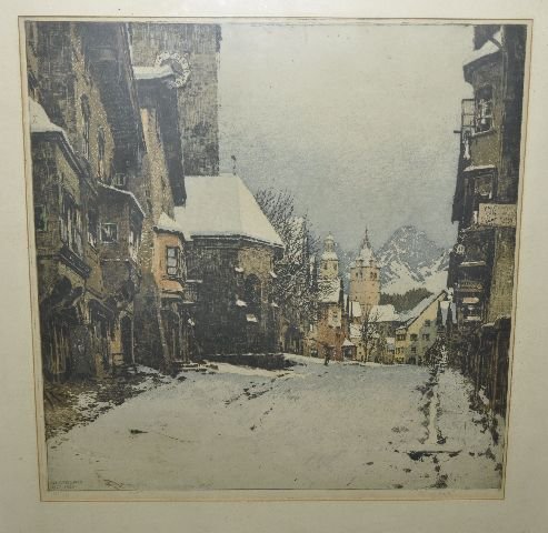 Luigi Kasimir "Kitzbuhel 1926": Colored etching "Kitzbuhel 1926" 195/250, signed, L.R. in pencil 17" X 17" (image) framed