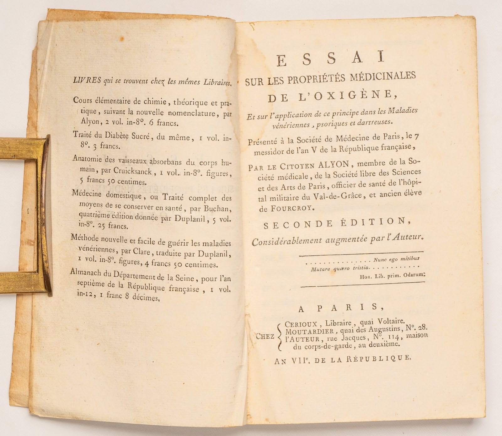 ALYON (Pierre Philippe): ALYON (Pierre Philippe) Essai Sur Les Propriétés Medicinales De L’Oxygène Et sur l’application de ce principe dans les Maladies véneriennes, psoriques et dartreuses. Pr