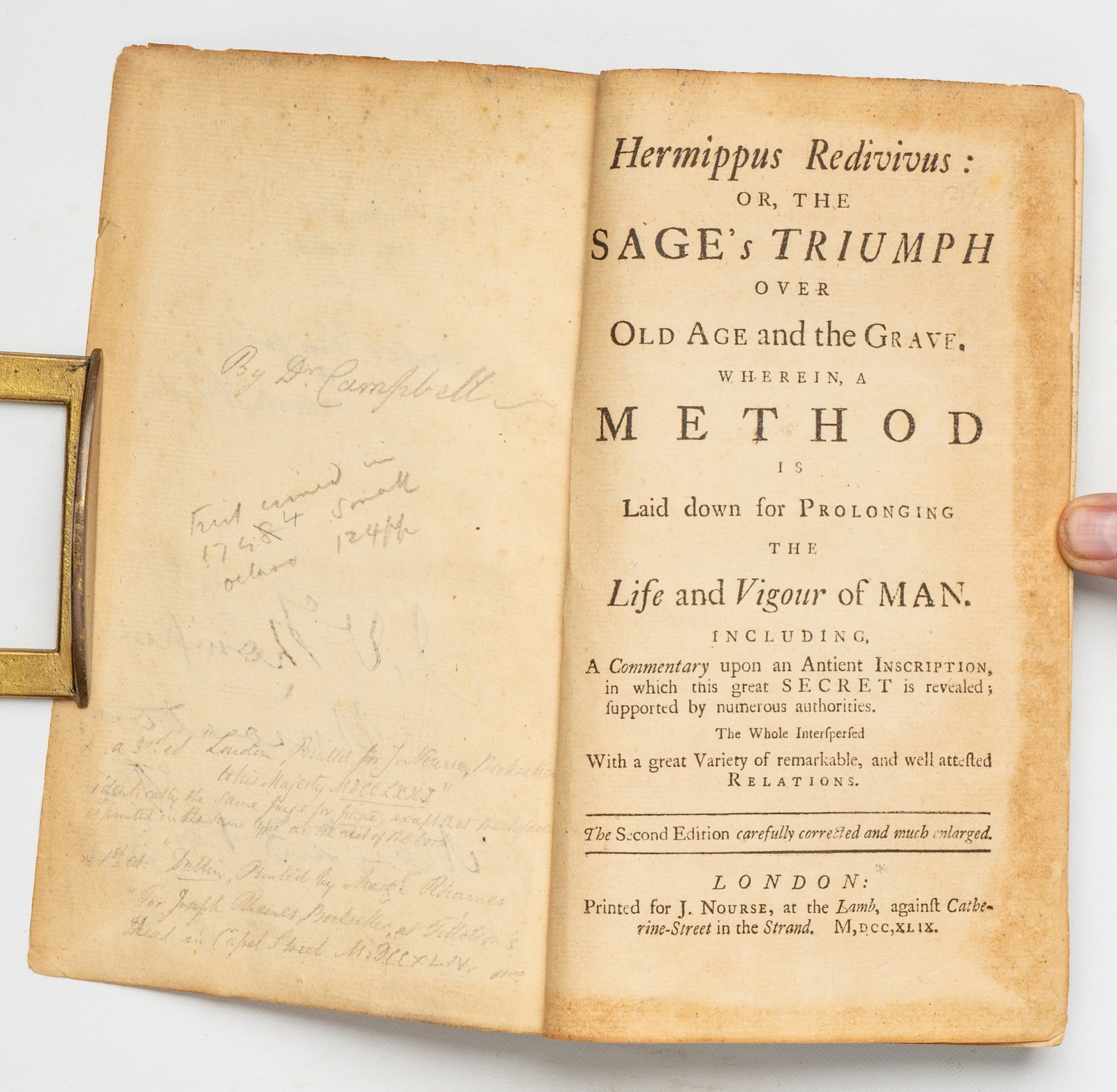 COHAUSEN, Johann Heinrich: COHAUSEN, Johann Heinrich Hermippus Redivivus: or, the Sage’s Triumph over Old Age and the Grave. Wherein, a Method is laid down for Prolonging the Life and Vigour of Man. Including, a Commentar