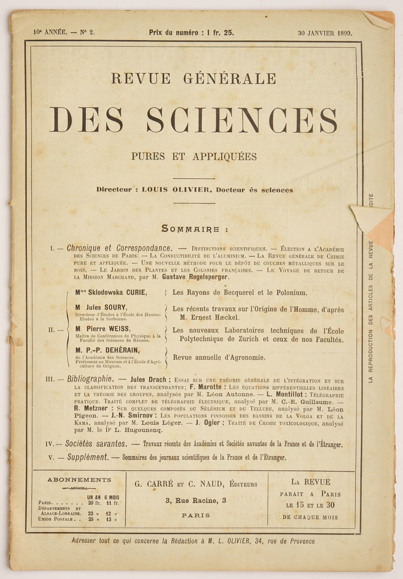 CURIE (Sklodowska Curie), Marie: CURIE (Sklodowska Curie), Marie “Les Rayons de Becquerel et le Polonium” In Revue Générale Des Sciences Pures et Appliquées Directeur: Louis Olivier, No. 2, 30 Janvier 1899 