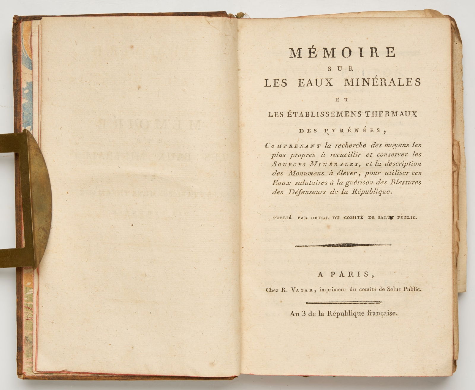 FOUCAUX, Antoine-Francois: FOUCAUX, Antoine-Francois Memoire sur Les Eaux Minerales et Les Establissemens Thermaux des Pyrenees. Paris: Chez R. Vatar Leather bound with gilt boarders and spine, morrocco lable. Significant loss