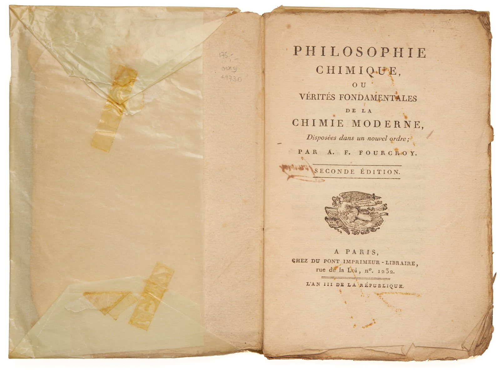 FOURCROY, Antoine François de: FOURCROY, Antoine François de Philosophie Chimique ou Véritiés Fondamentales de La Chimie Moderne, Disposés dans un Nouvel Ordre…second ed. Paris: Chez Du Pont, L’An II