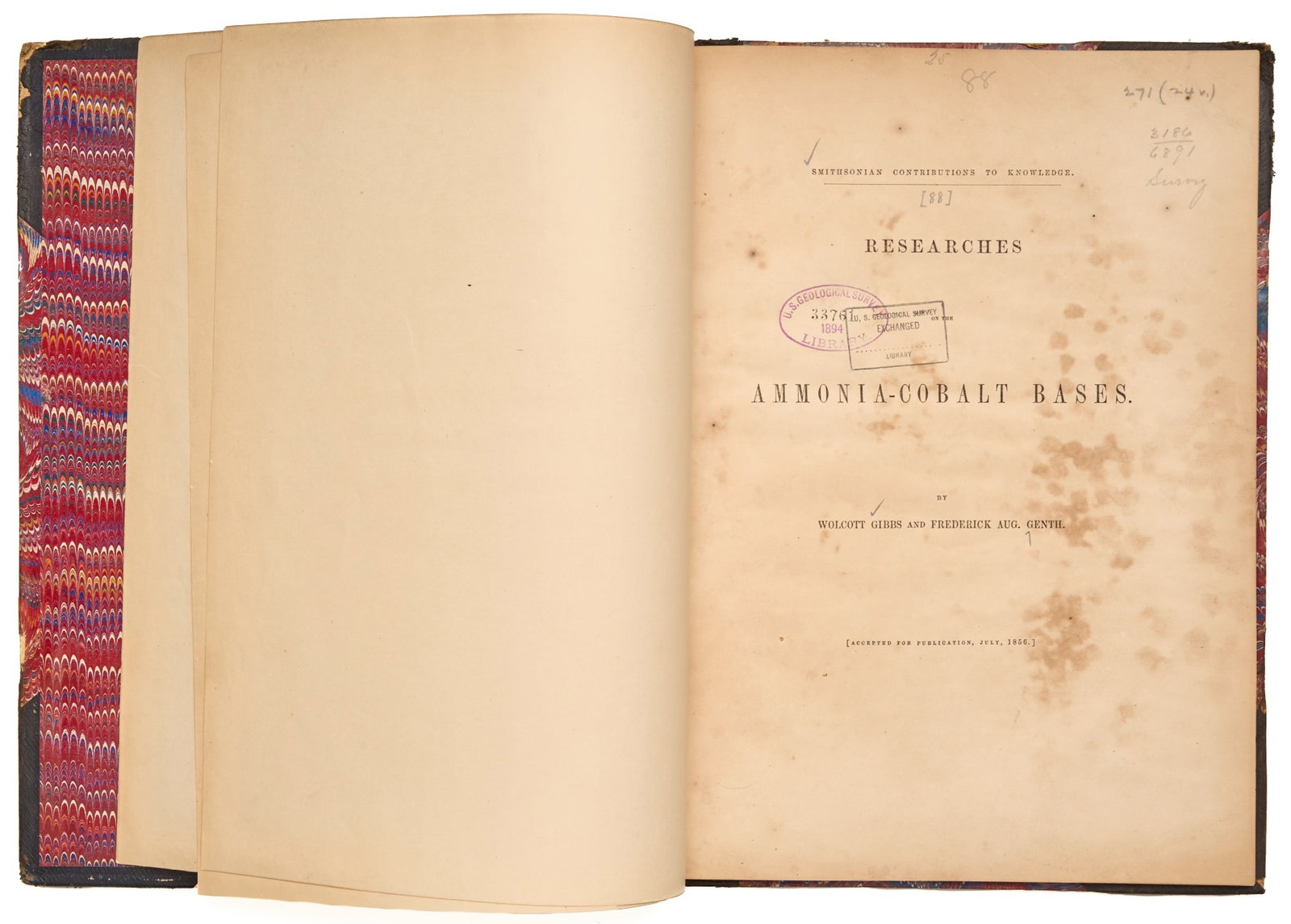 GIBBS, Wolcott and GENTH, Frederick Aug.: GIBBS, Wolcott and GENTH, Frederick Aug. Researches on Ammonia Cobalt Bases (Smithsonian Contributions to Knowledge) Philadelphia: T.K. and P.G. Collins Printers, 1856 First Edition, large 4to ½ 