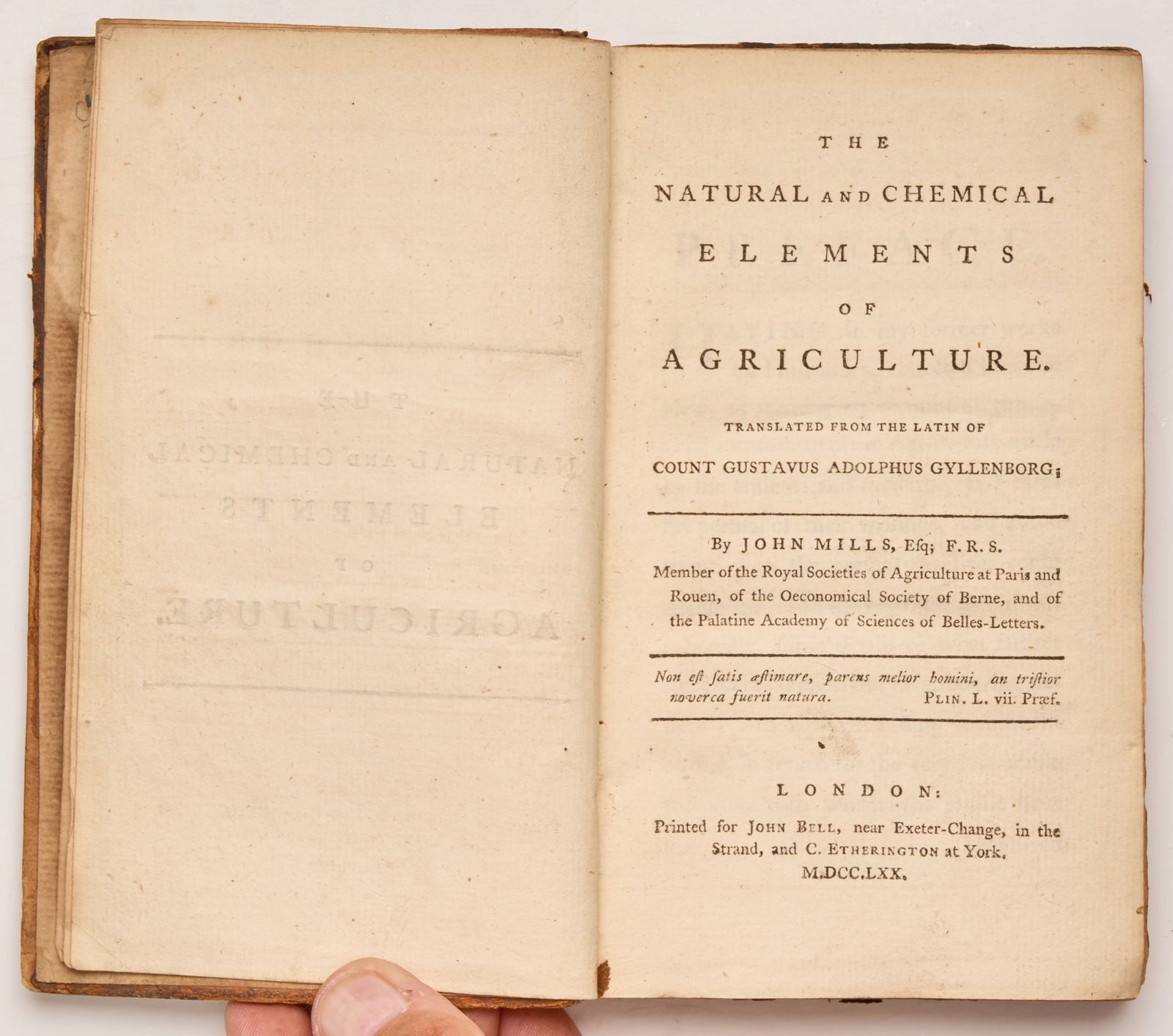 GYLLENBORG, Gustaf Adolf: GYLLENBORG, Gustaf Adolf The Natural and Chemical Elements of Agriculture. Translated from the Latin of Count Gustavus Adolphus Gyllenborg; by John Mill, Esq., F.R.S. London: Printed for John BellR