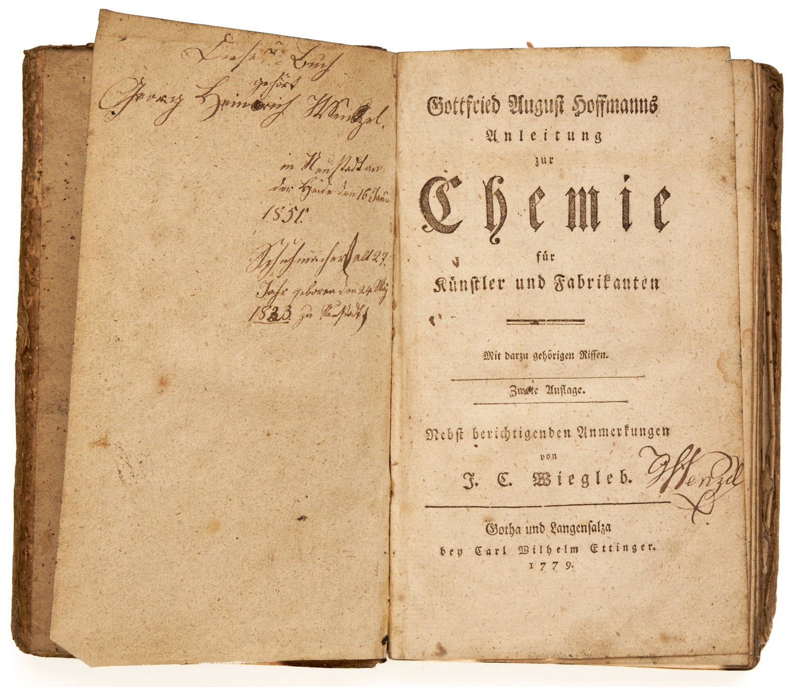 HOFFMANN, Gottfried August: HOFFMANN, Gottfried August Gottfried August Hoffmann’s Anleitung zur Chemie für Künstler und Fabrikanten…mit dazu gehörigen Rissen. Nebst Berictigenden Anmerkungen von J.C. 