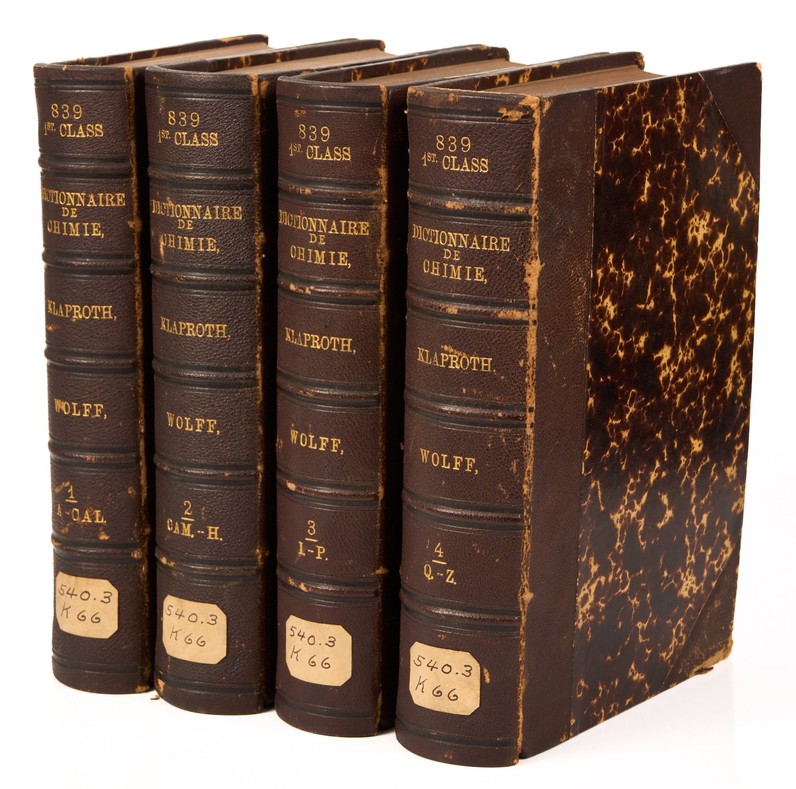 KLAPROTH, M.H. and WOLFF, F.: KLAPROTH, M.H. and WOLFF, F. Dictionnaire de Chimie, 4 Vols Paris: Klosterman, 1810-11 8vo, portrait, plates; 19th century leather, ex-library Franklin Institute