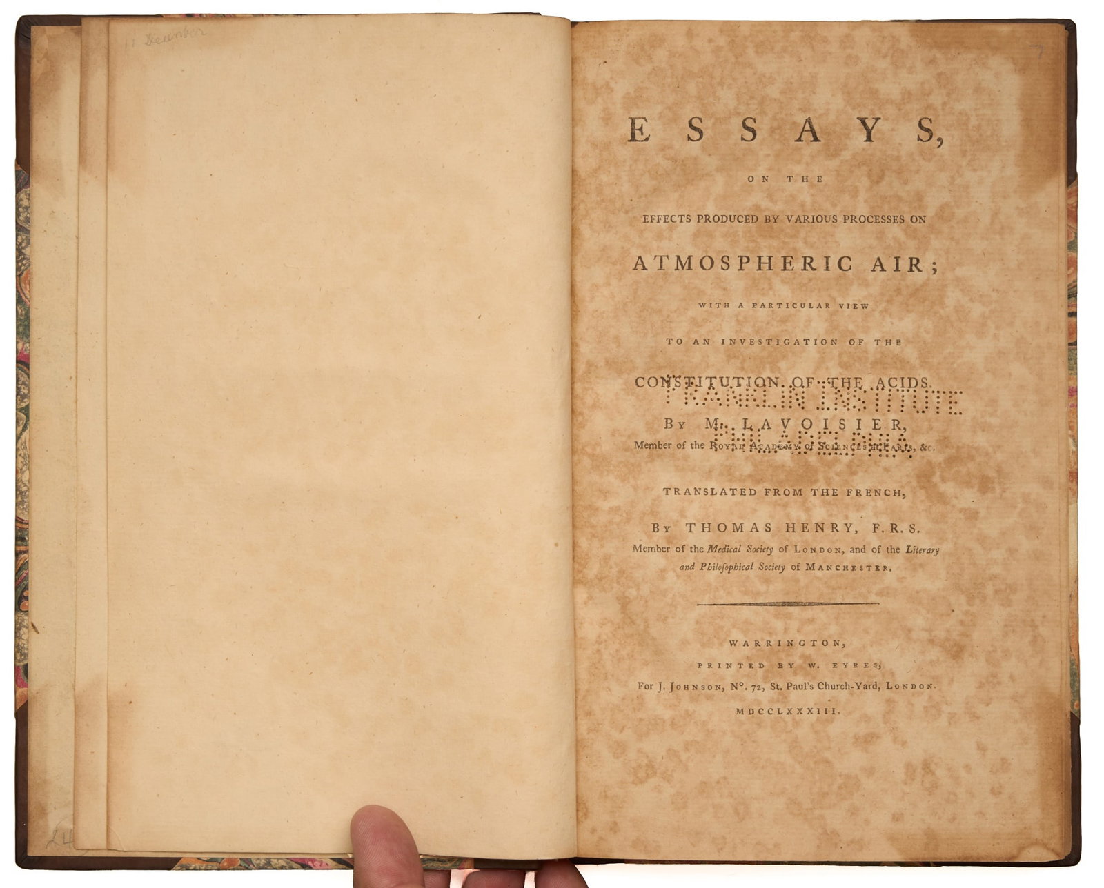 LAVOISIER, Antoine Laurent: Essays on the Effects Produced by Various Processes on Atmospheric Air; with a particular view to an investigation of the constitution of acids... Translated from the French, by Thomas Henry Warringto