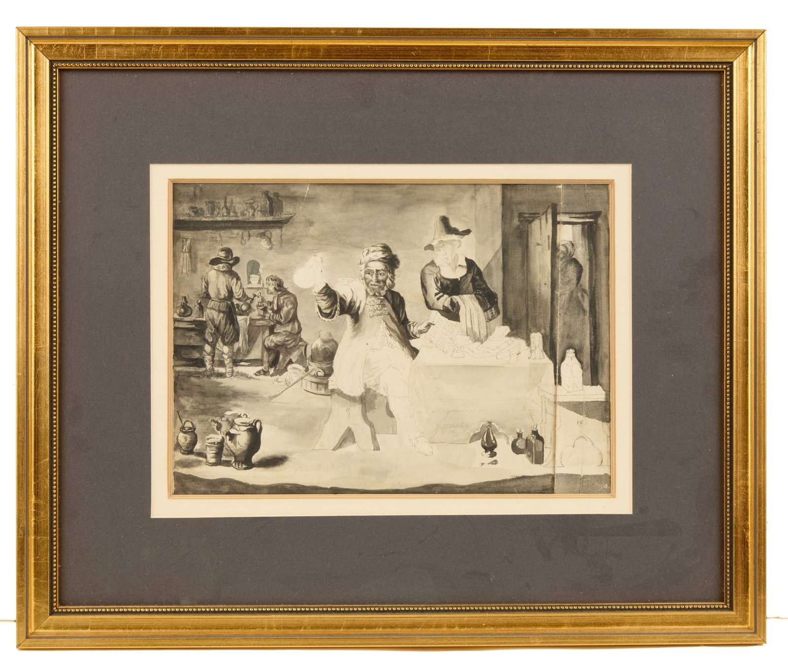 EARLY ALCHEMISTS WORKSHOP (19th c) EUROPEAN SCHOOL: Watercolor or ink wash on paper 9 1/2 x 13 1/2 inches. Minor loss