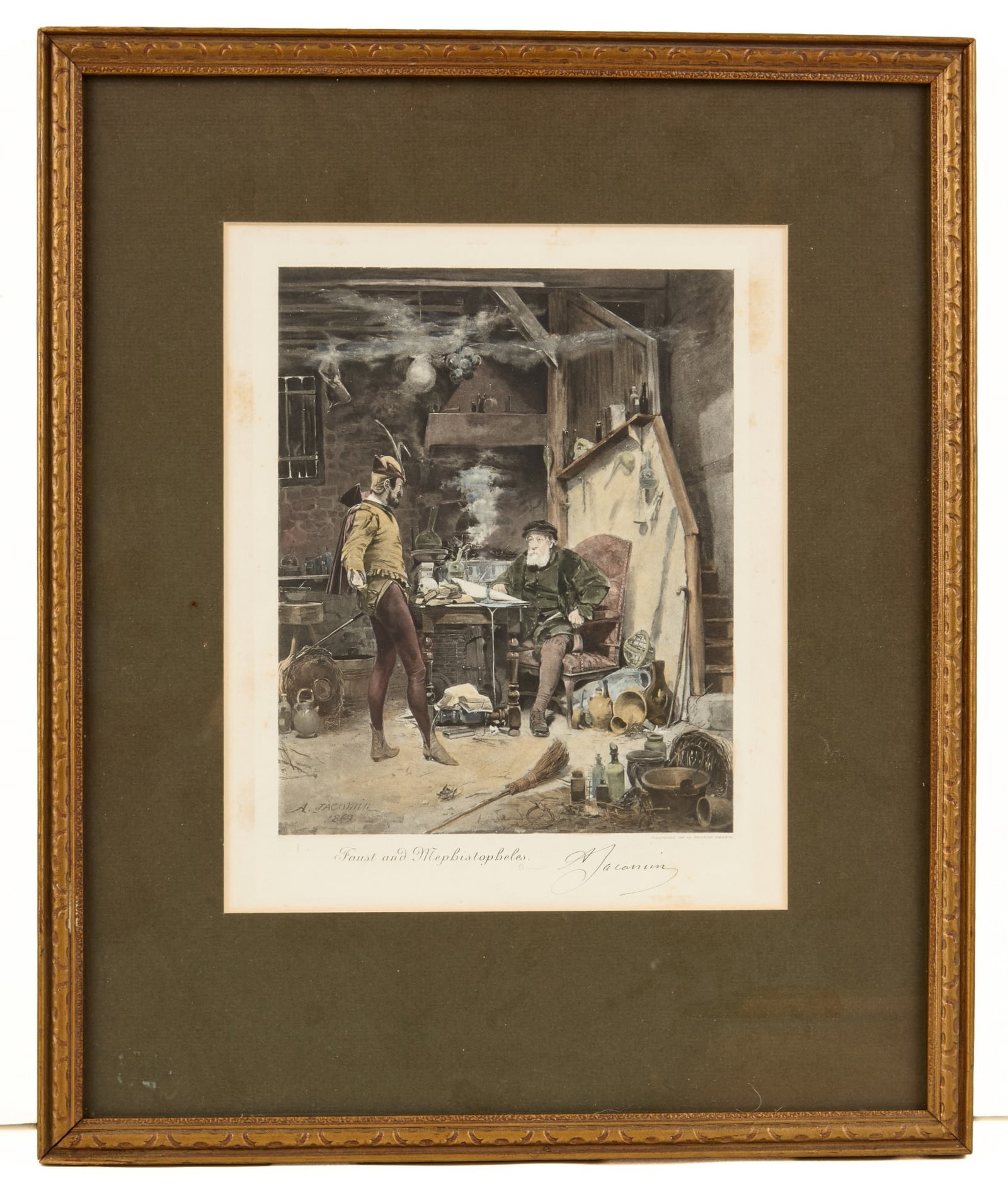 FAUST and MEPHISTOPHELES ALCHEMIST'S WORKSHOP: After Alfred Jacomin (1842-1913) aquatint 9 x 7 1/4 inches framed 18 x 15 inches (overall) Toning to edges of margins
