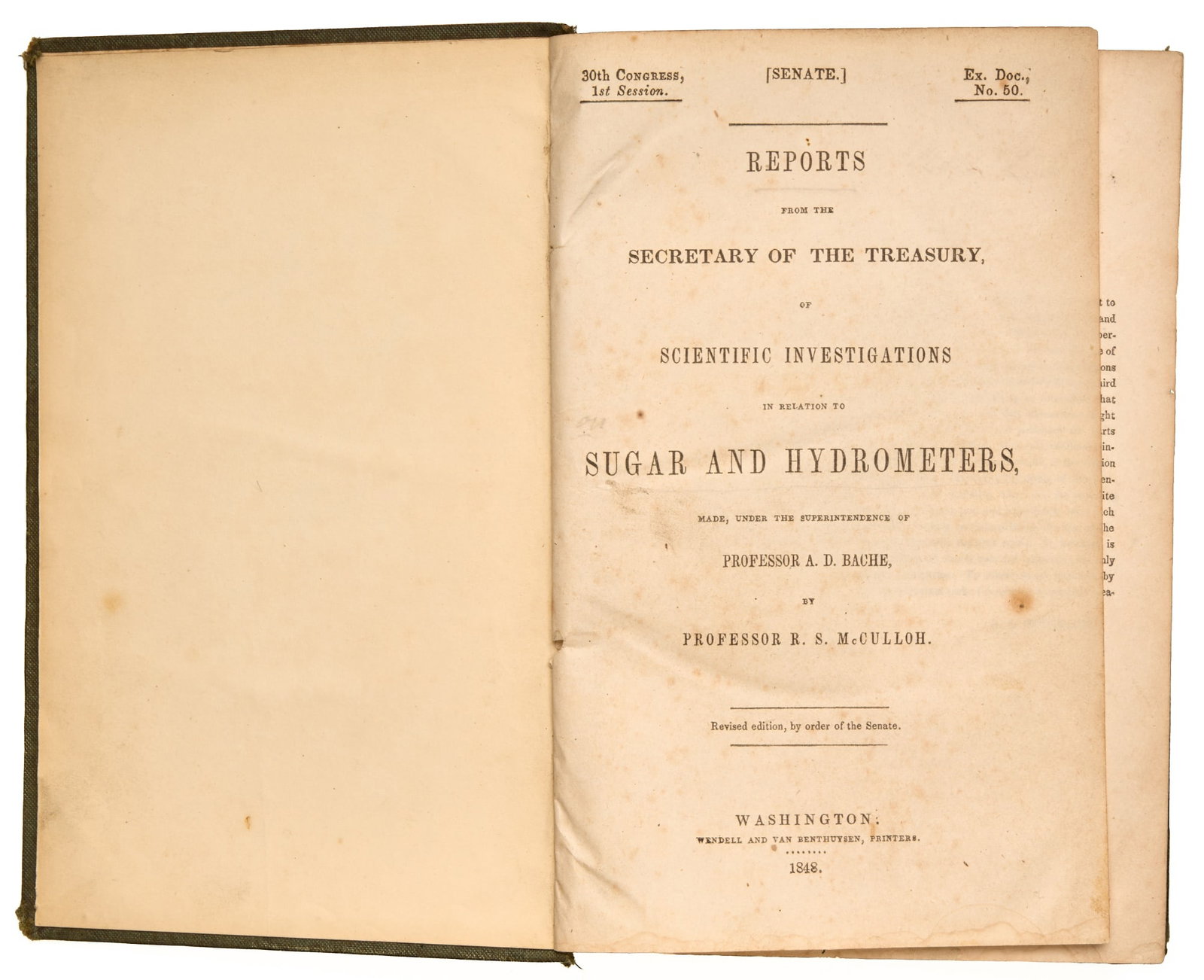 McCULLOH, Professor R.S. (Richard Sears): Reports from the Secretary of the Treasury, of Scientific Investigations in Relation to Sugar and Hydrometers, Made Under the Superintendence of Professor A.D. Bache. BOUND WITH: A Report of the Compu