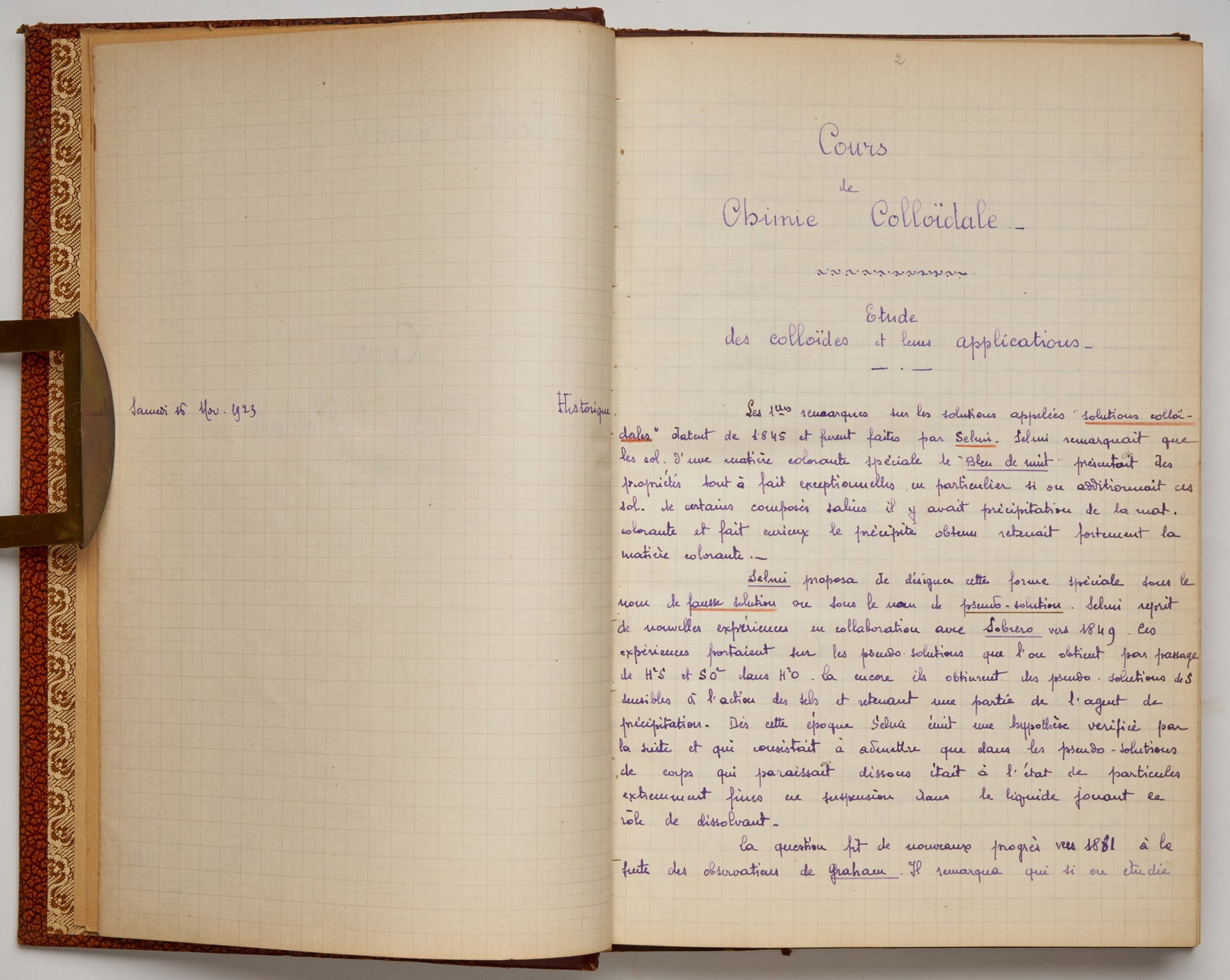 [MEUNIER, Louis]: “École de Tannerie. Cours de Chimie Colloidale par M. Meunier. Marcel Cara 2eme Année” Lyon: np, 1823-1824 Folio (12 ¼” X 8”) handwritten blue ink cursive notebo