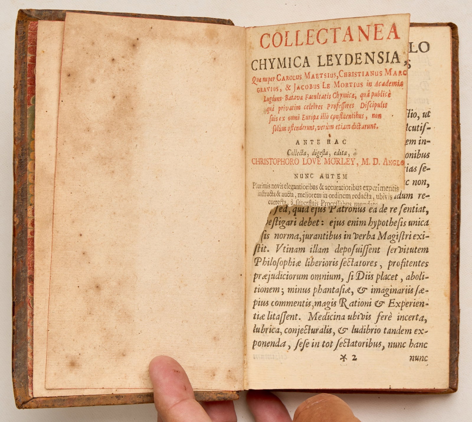 MORLEY, Christopher Love: Collectanea Chymica Leidensia, quae nuper Carolus Maetsius, Christianus Marcgravius et Jacobus Le Mortius in academia Lugduno-Batava Facultatis Chymicae, quâ publicè quâ privatim celebr
