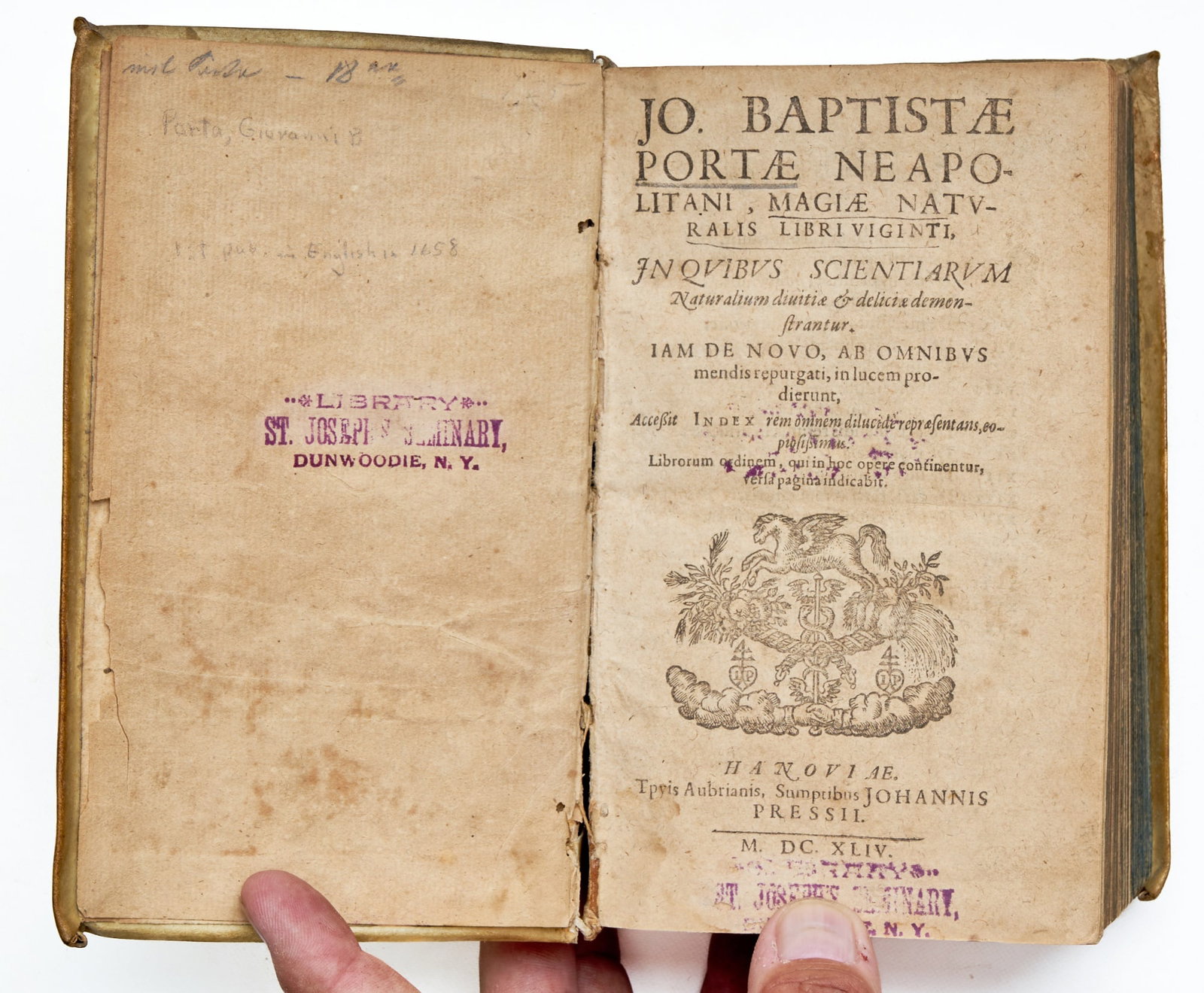 PORTA, Jo. Bapt.: Magia Naturalis Libris XX, in quibis Scientiarum Naturalum Divitiae & Deliciae Demonstrantur Lugd. Bat: Voge, 1644 Thick 8vo, cont vellum, woodcuts in text, lacking frontis Exlibrary bound w/J.P. Felw