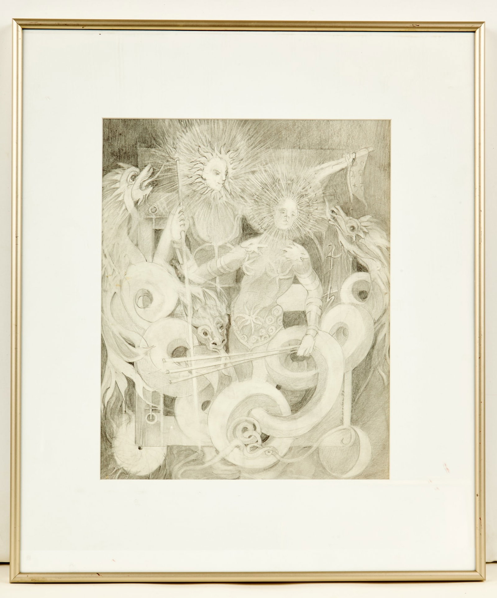 RITA SHUMAKER'S DRAWING of CADUCEUS ALLEGORY: Graphite on paper 20 x 17 1/2 inches (overall including frame). N.B. Rita Shumaker was the Assistant Professor of Art at UNC Charlotte in 1999. Good