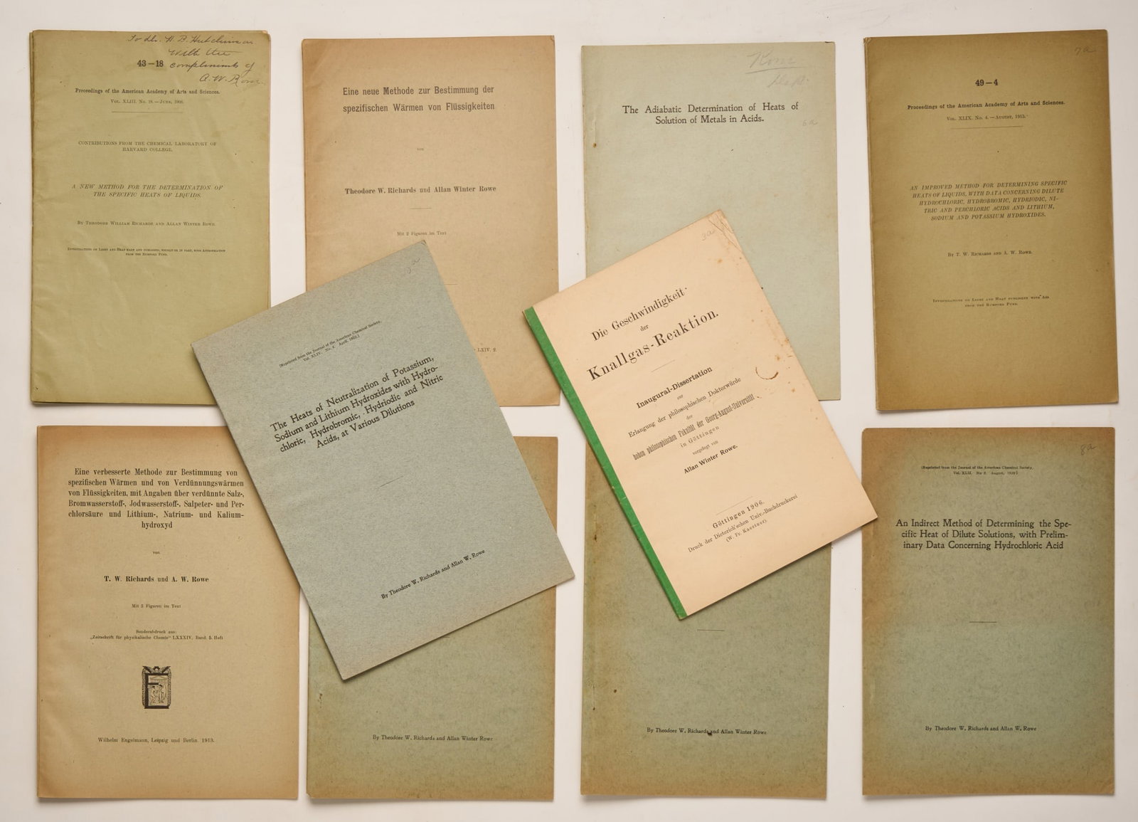 RICHARDS, Theodore William (See ROWE, Allan Winter): Offprints in their original printed paper wrappers (in chronological order) 1 Theodore William Richards and Allan Winter Rowe, A New Method for the Determination of the Specific Heats of Liquids, Proc