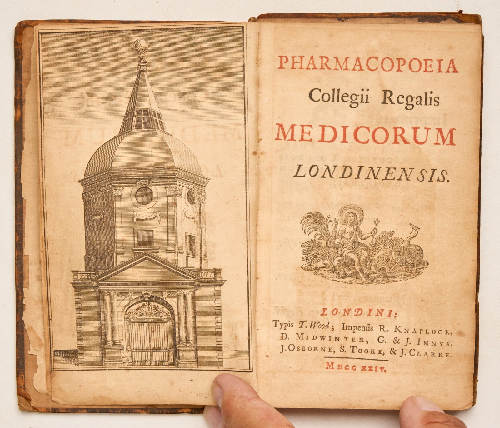 ROYAL COLLEGE OF PHYSICIANS: Pharmacopoeia Collegii Regalis Medicorum Londinensis London: T. Wood for R. Knaplock, 1724 16mo frontis leaf [11] 176pp, cont. paneled calf, rubbed, worn, with front cover detached but present, back h