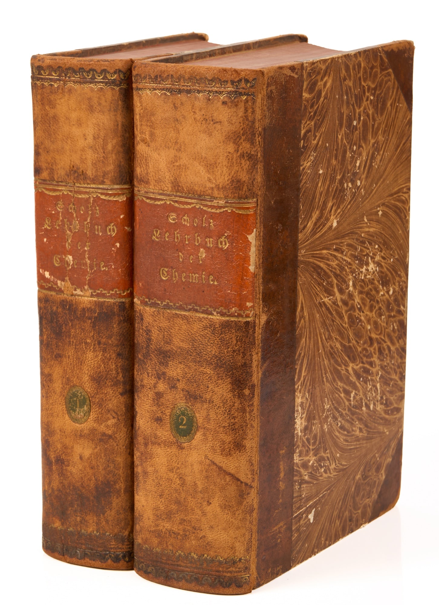 SCHOLZ, (Albert) Benjamin: Lehrbuch der Chemie Vienna: Beck, 1824 (1825) First Edition 8vo, 2 Volumes, cont. ½ leather over brown boards, maroon morocco labels on spines. I: Endpapers, xv (1), 764 pp, large folding plate; 