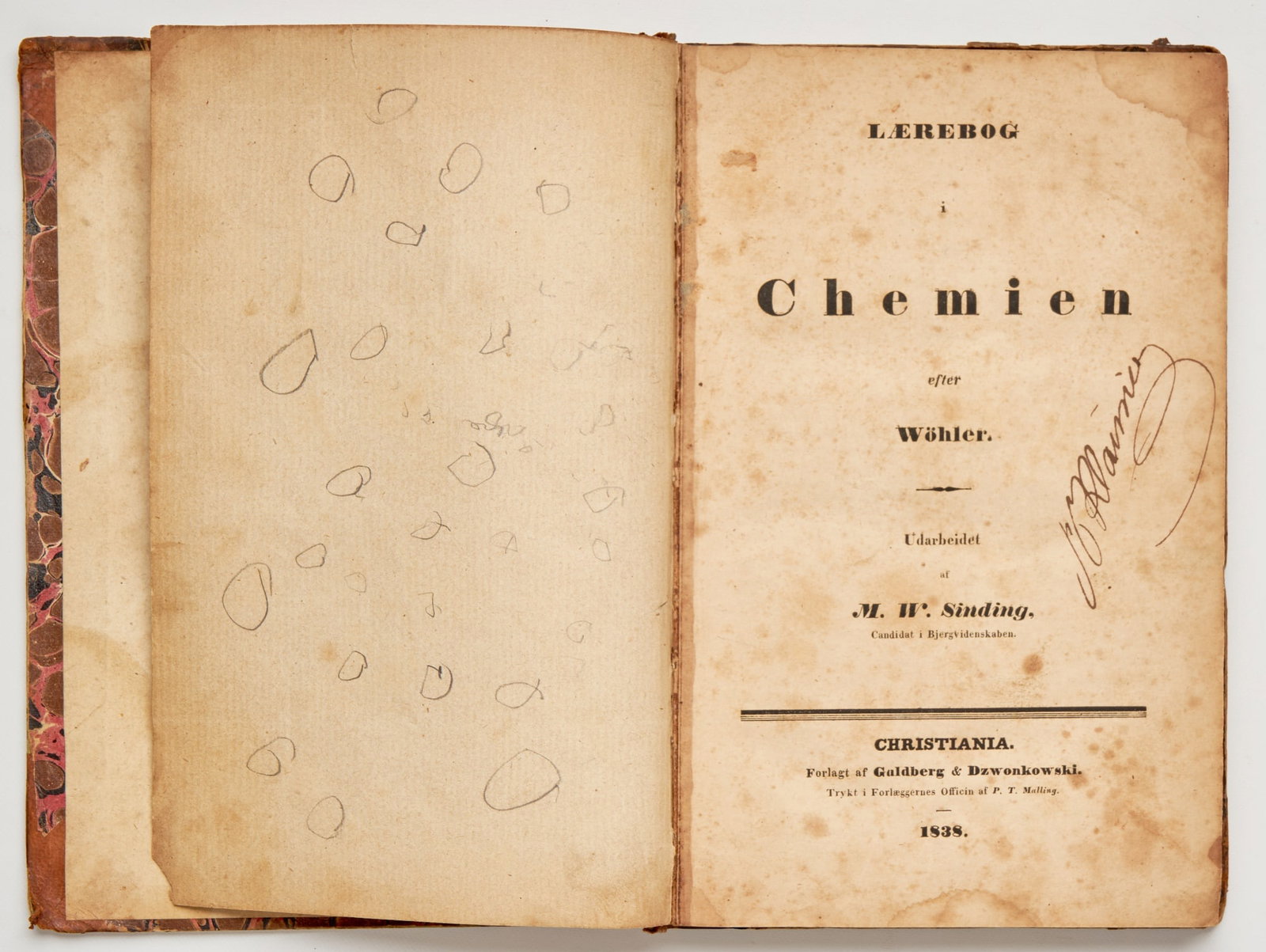 WÖHLER, Friedrich: Laerebog I Chemien efter Wöhler Christiana: Forlagt af Goldberg & Dzwonkowski, 1838 8vo First Edition in Swedish: cont. ¼ leather brown marbled boards with front detached (needs to be newly 